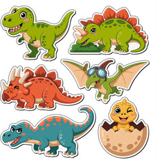 Naklejka premium Surreal Silliness Dinosaur Character Sticker Sheet, Cute Prehistoric T-Rex and Jurassic Animal Vector Icons