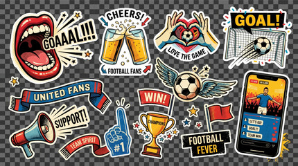 Football halftone art collage cut outs set. Fun soccer fans stickers with vintage dot texture and doodles. Retro grunge sport elements, goal, trophy, beer, cheers, cup © Itx Musa