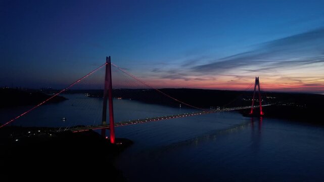 Yavuz Sultan Selim Bridge in Istanbul, Turkey. Aerial view at sunset with drone.