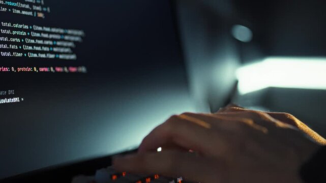 An adept programmer swiftly enters intricate code on the keyboard, instantly refining artificial intelligence software displayed on the computer screen