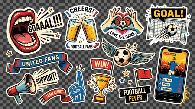 Football halftone art collage cut outs set. Fun soccer fans stickers with vintage dot texture and doodles. Retro grunge sport elements, goal, trophy, beer, cheers, cup