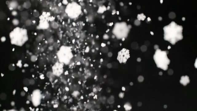 Close-up video of countless pristine white snowflakes and crystalline snow specks drifting gently downwards against a deep black void with soft bokeh and rim lighting. Peaceful winter holiday scene