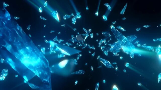 Slow motion tracking shot of blue crystal shards exploding in dark space with radiant light rays and scattered glass fragments with lens flare highlights