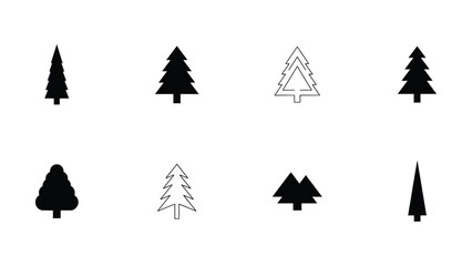 Obraz premium Collection of stylized evergreen trees in various simple vector graphic forms for graphic design projects isolated on a white background