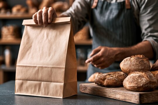 Bakery owner packing crusty bread in kraft paper bag
