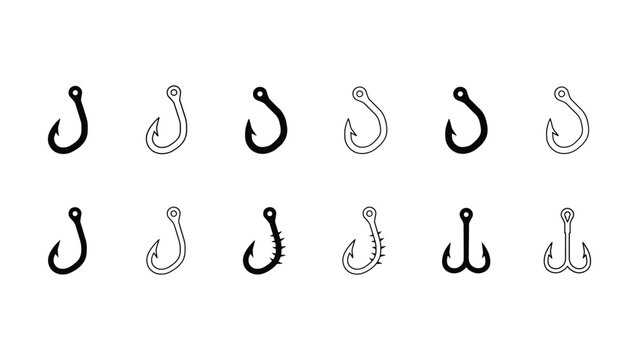 A collection of diverse fishing hook icons in both solid black and outline styles featuring various designs and sizes for aquatic pursuits isolated on a white background