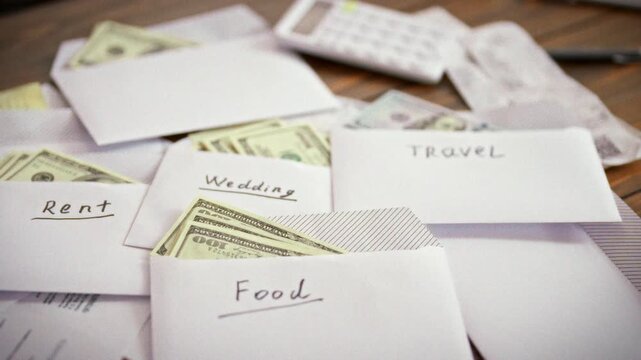 Labeled envelopes with dollar bills are laid out on a work desk. Concept for planning a family budget and allocating cash by expense category