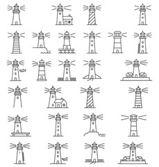 Fototapeta premium Lighthouse Icon Set — Nautical Line Art Pattern of Coastal Beacons and Navigation Symbols