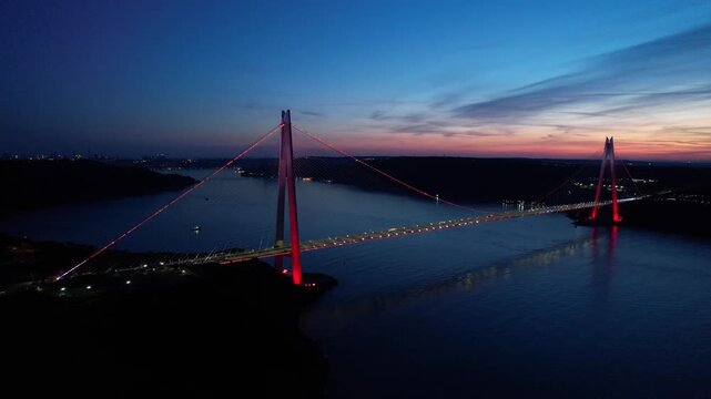 Yavuz Sultan Selim Bridge in Istanbul, Turkey. Aerial view at sunset with drone.