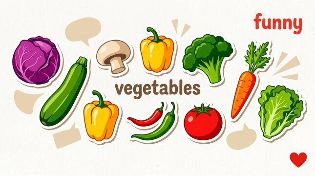 Funny vegetable collage cut outs set. Fun healthy food stickers with hand drawn doodle textures and speech bubbles. Modern retro funky mixed media stickers for scrapbook. Organic garden produce set.