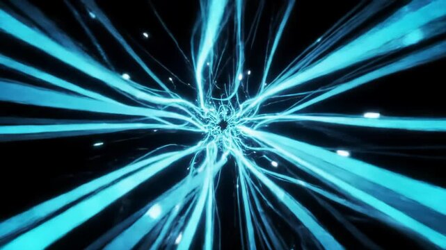 High-speed, immersive forward tracking video through an infinitely stretching tunnel of luminous blue, vibrant cyan light trails forming complex digital pathways against a black void. Concept of