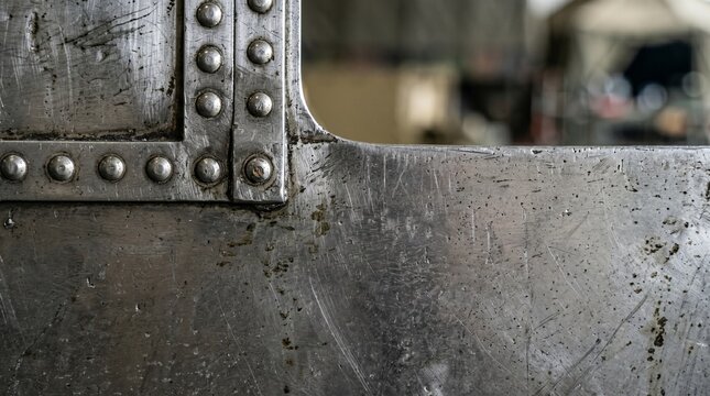 Scratched industrial metal plate with rivets background texture