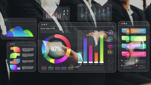 Professional Business Meeting with Data Analytics Presentation Featuring Colorful Graphs and Charts in Modern Office Environment Sigmoid