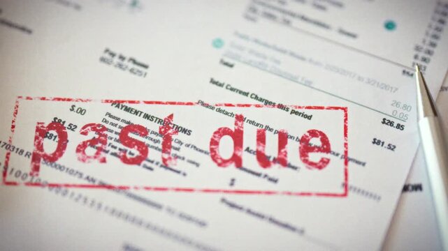 On a cluttered desk surrounded by scattered documents and a calculator, a red stamp on a utility bill reads past due, its vivid ink contrasting with the paper, highlighting overdue household expenses