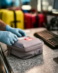 Fototapeta premium Close-up of Gloved Hands Handling Closed Medical Kit at Screening Desk