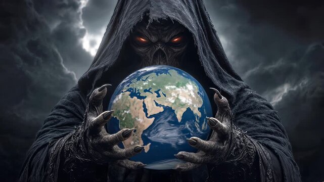 Cloaked figure with glowing eyes holding planet earth. Dark hooded character grasping world globe against stormy sky. Lockdown shot.