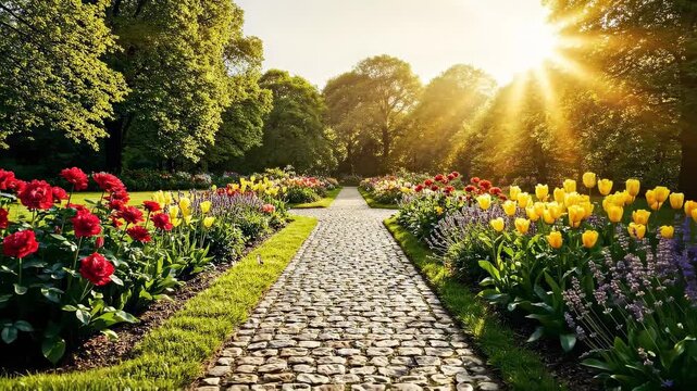 Close-up of human eye reflecting a vibrant garden path bathed in golden sunlight
