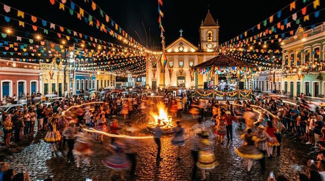 Festa Junina celebration with people dancing around a bonfire in a decorated town square at night