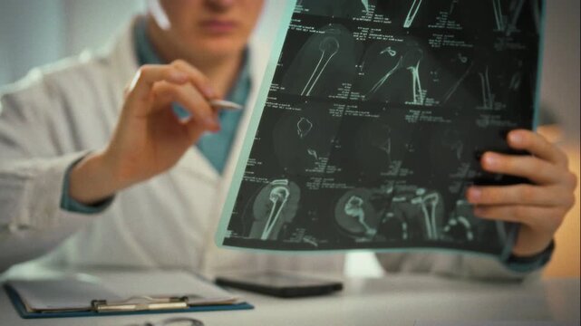 Analyzing MRI X-ray scans, doctor in well-lit medical office identifies fracture details, reviews patient history and consults digital records, ensuring precise diagnosis and thorough treatment plan