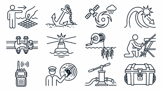 Marine and offshore operations line icons set representing maritime safety aquaculture and oceanography equipment.
