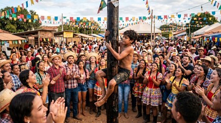 Obraz premium Young boy climbs greased pole at vibrant Festa Junina celebration with cheering crowd and colorful decorations
