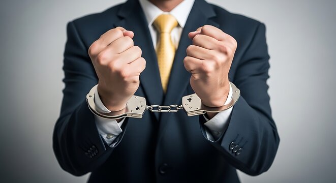 Businessman in suit with hands cuffed making fists