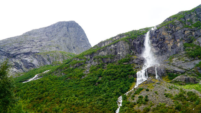Green Misty Mountain and Glacier landscapes near Briksdal Glacier in Norway
