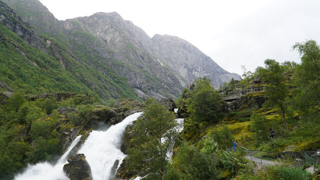 Green Misty Mountain and Glacier landscapes near Briksdal Glacier in Norway