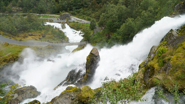 Green Misty Mountain and Glacier landscapes near Briksdal Glacier in Norway