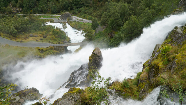Green Misty Mountain and Glacier landscapes near Briksdal Glacier in Norway