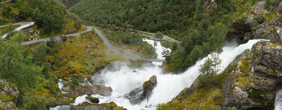 Green Misty Mountain and Glacier landscapes near Briksdal Glacier in Norway
