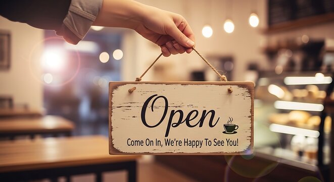 Vintage wooden open sign with coffee cup icon in cozy cafe setting