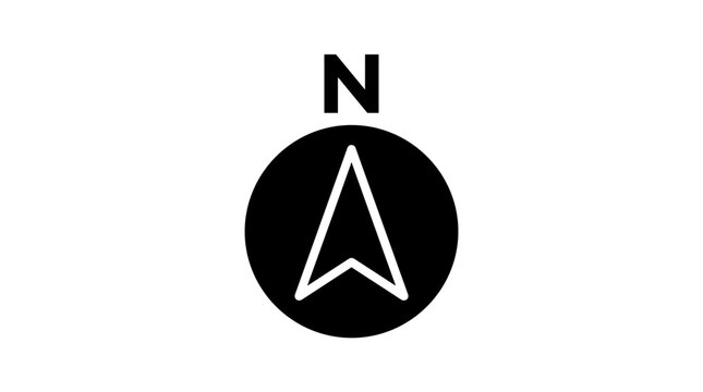 Simple black icon showing the letter N above a circle with a white arrow pointing north.