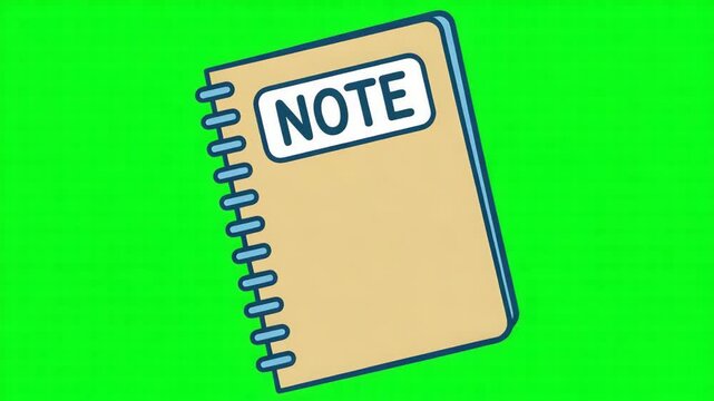 A cartoon illustration of a spiral bound notebook with a note label on the cover against a green background 4k video