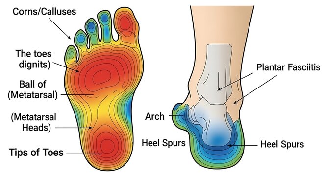 Anatomical foot pressure map showing common foot pain areas