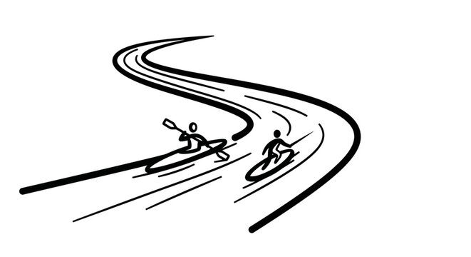 Dynamic illustration of water sports: kayaking and surfing on a winding river current