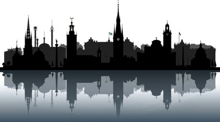 Fototapeta premium Silhouette of the Stockholm city skyline, where historic and modern architecture forms a distinct urban outline. Soft atmospheric light emphasizes the calm Nordic mood.