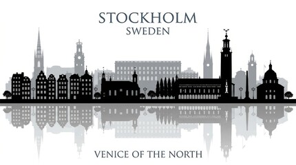 Fototapeta premium Silhouette of the Stockholm city skyline, where historic and modern architecture forms a distinct urban outline. Soft atmospheric light emphasizes the calm Nordic mood.