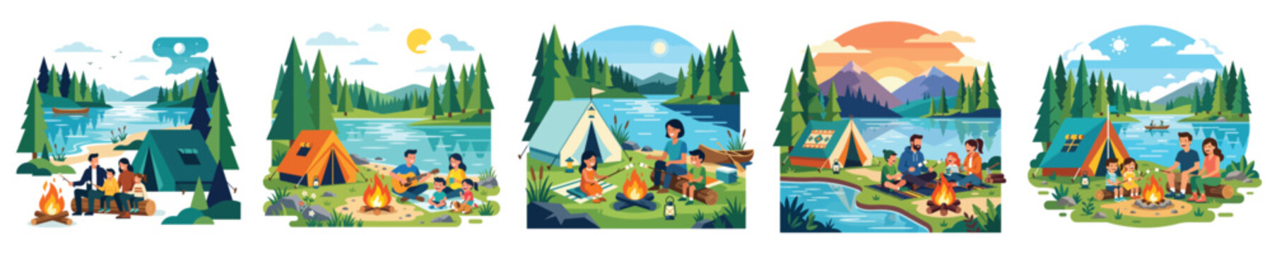 People enjoying outdoor camping trips near lakes and mountains with tents and campfires in a colorful flat vector illustration set for family vacation