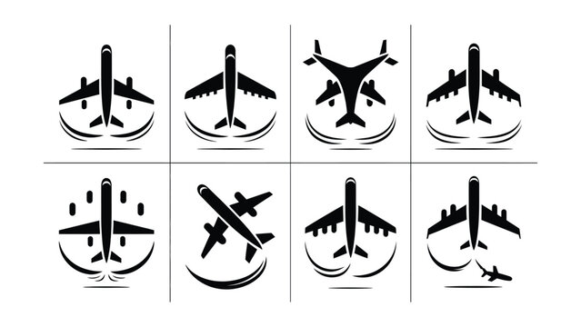 Airplane icons set featuring various flight angles and designs for travel industry isolated on a white background