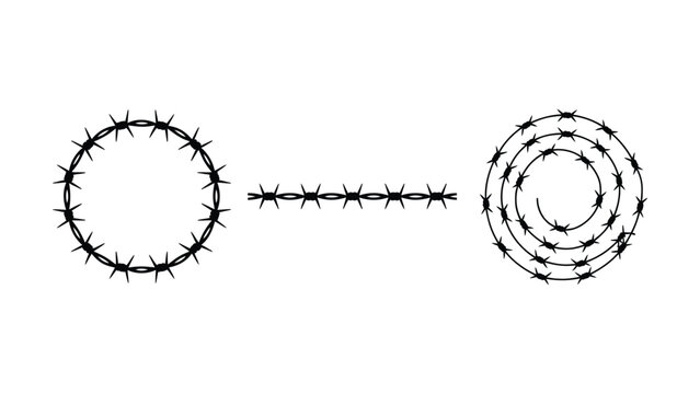 Circular spiral and straight barbed wire designs for security fencing and boundaries isolated on a white background