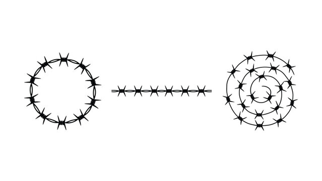 Circular barbed wire designs featuring spiral linear and coiled patterns for security isolated on a white background