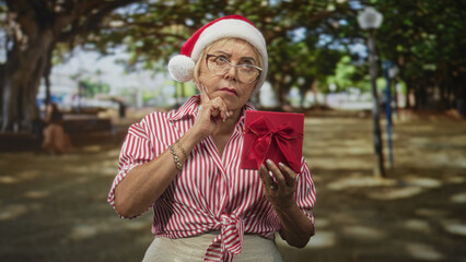 Fototapeta premium Senior woman in santa hat holds red gift box and points finger on a street lined with trees and benches; thoughtful holiday reflection.
