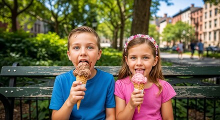 Fototapeta premium Children Enjoying Ice Cream on Park Bench Surrounded by Greenery for Family Blogs, Summer Activities, Kids' Events, and Social Media Content