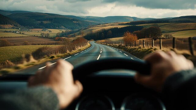 Driving on a road through countryside fields