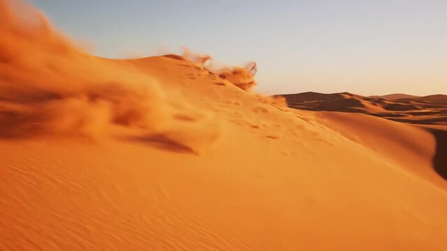Sand blows over dunes in the desert landscape during sunset in this animation by VSRExport