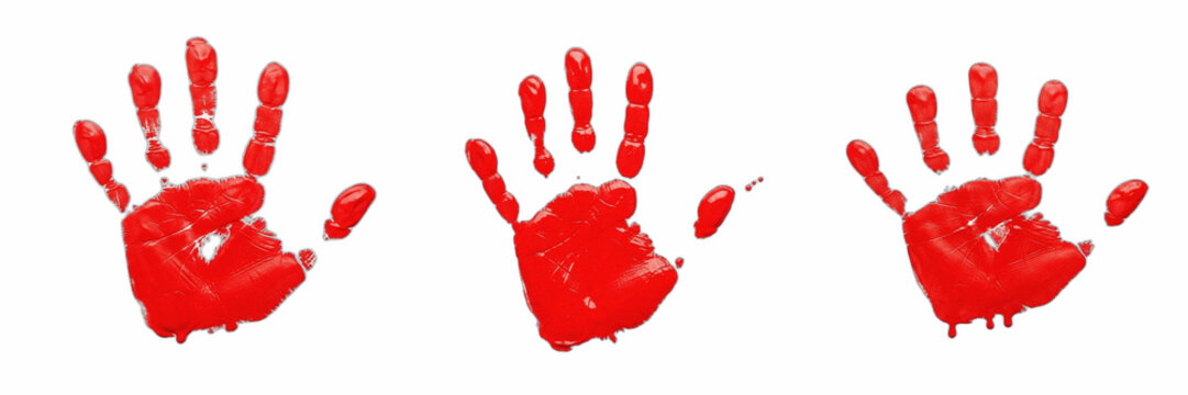 Set of Three Red Handprints, Grunge Painted Palm Prints Isolated on White Background, Vivid Red Ink Hand Stencils, Artistic Creative Design Elements for Posters, School Projects, and Horror-Themed Gra