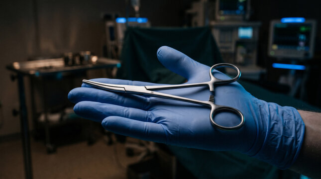 Surgical Forceps Displayed on Open Gloved Palm Cinematic Style