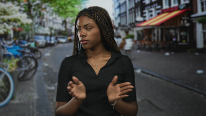 Fototapeta premium Woman with cross pendant and braided hair wearing black polo looking up on street by cafe and bicycles; contemplation.