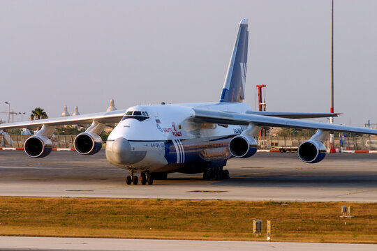 Luqa, Malta - June 19, 2005: Polet Airlines Antonov An-124-100 Ruslan (REG: RA-82014) in apron 9 late in the evening.
